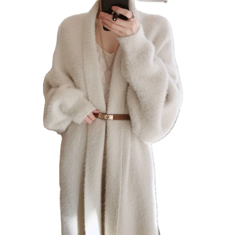 

Autumn and Winter Coat 2020 New Loose Over-the-knee Long-sleeved Heavy Mink Fur Coat with Belt Elegant Temperament Ladies Coat, White