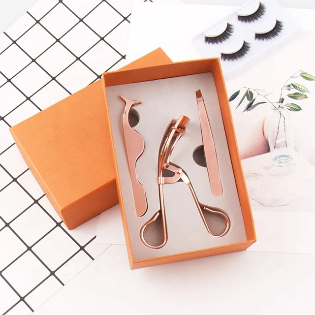 

Private label wholesale volume 3 piece set eyelash tweezer, Rose gold