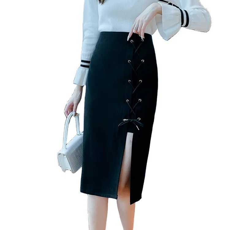 

2021 hotselling Fashion solid color high-waist pleated lace-up pencil skirt Knee Length Midi Pencil Skirt