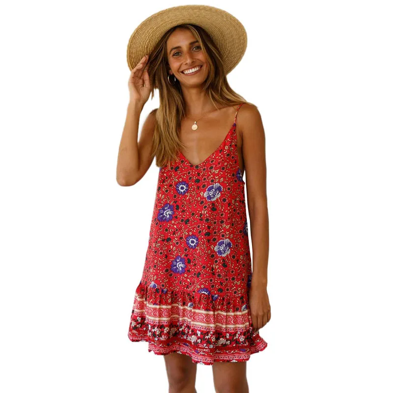 

Summer Loose Casual Beach Dress Sleeveless V Neck Backless Mini Floral Dress