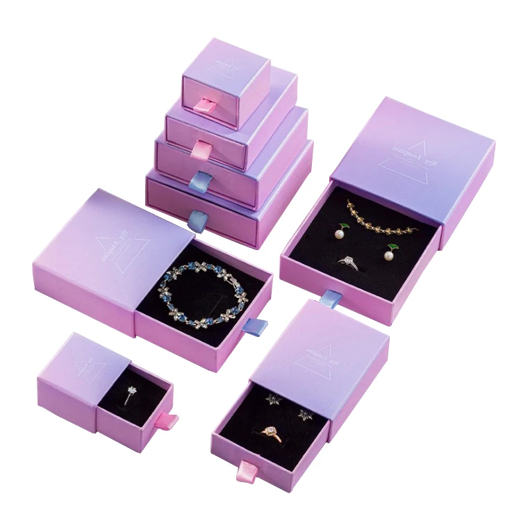 

Cardboard pink gradient ramp storage paper boxes drawer pendant necklace ring earring bracelet set gift jewelry packaging box