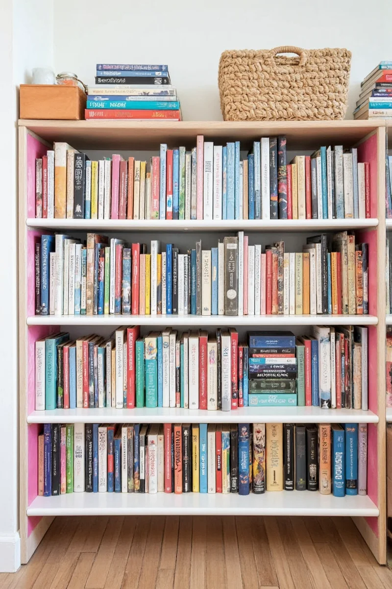 Pastel-colored bookshelves in a children's room