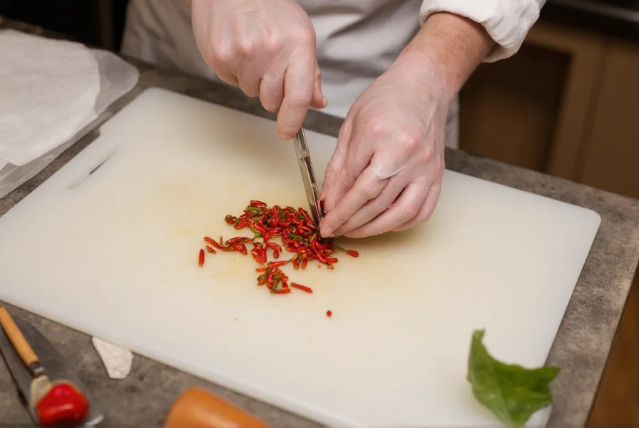 Chef wearing gloves carefully removing seeds from little chili peppers using small kitchen tools on clean cutting board