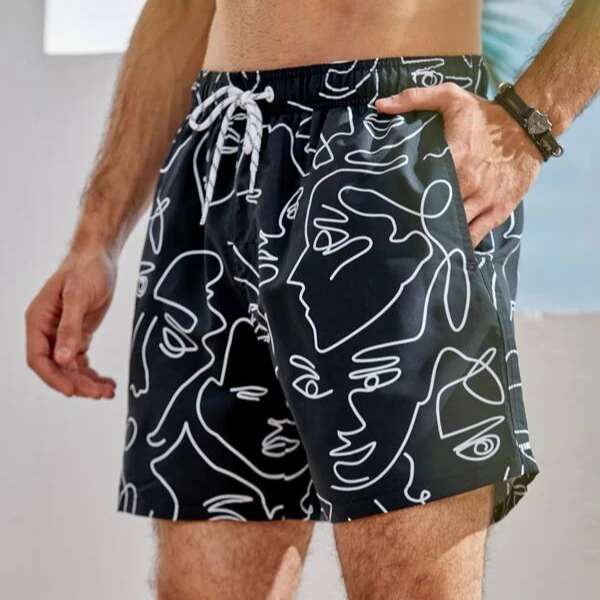 

summer Sublimation Printed Swimwear Bathing Suit Quick Dry Beach Shorts Men Abstract Figure Graphic Drawstring Waist Swim Trunks