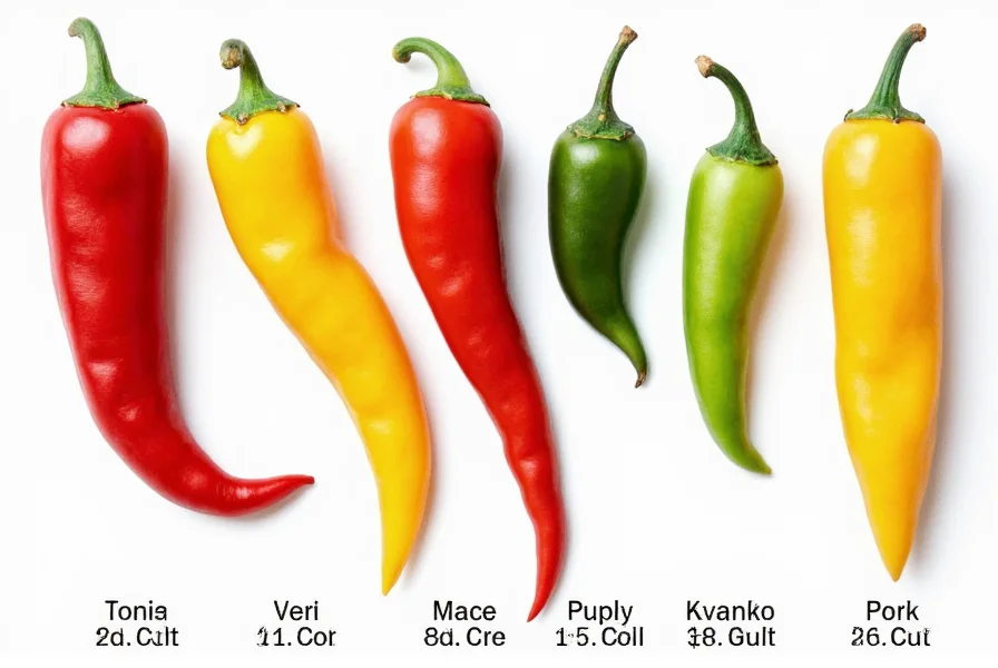 Side-by-side comparison of common pepper varieties with labels indicating names and Scoville heat units