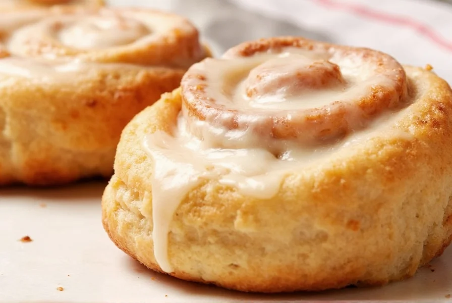 Close-up of a freshly baked cinnamon roll with icing drizzled on top