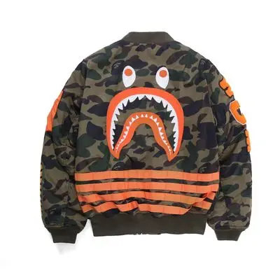 

Source Factory Men Ape Bape Camo Camouflage Hip Hop Coat Shark Bape Baseball Uniform Cotton Flight Jacket