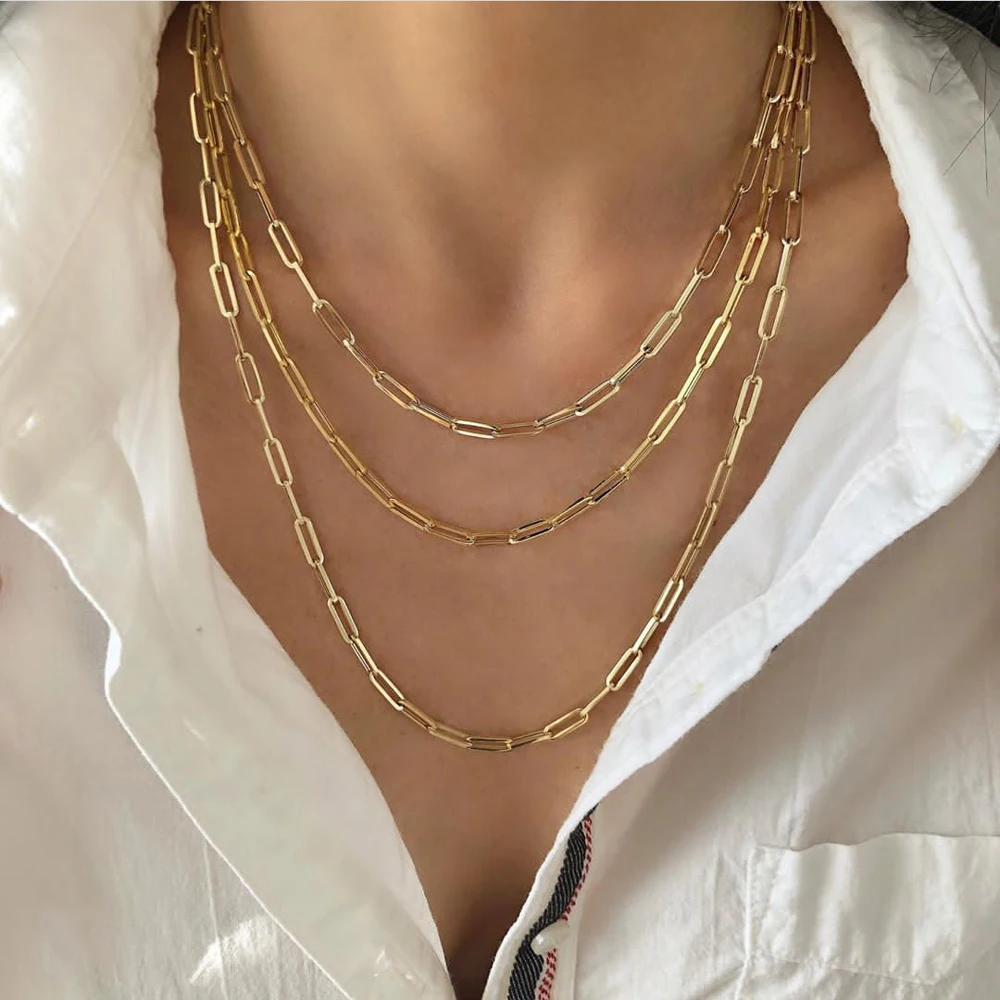 

3 Layer Link Chain Gold Cuban Necklace Choker Statement Paperclip Jewelry Layered Necklace