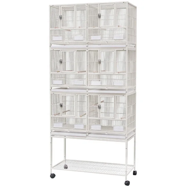 

Three Tier Metal Cage with Stand Removable Tray Stainless Steel Food Container Stackable Divided Breeder Bird Pigeon Cage, White