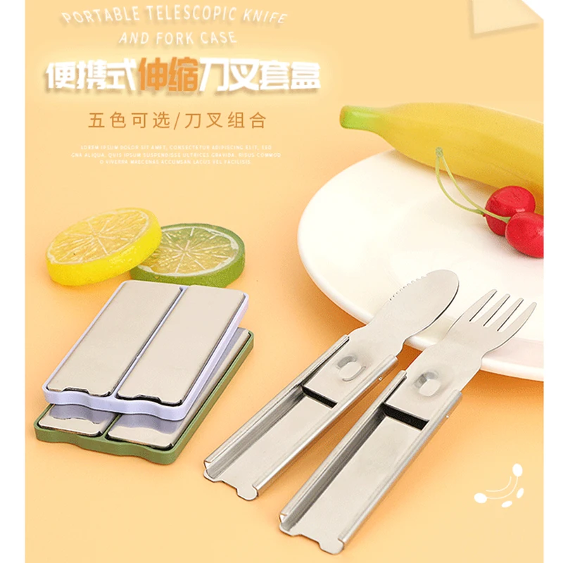 

Portable Stainless Steel Knife Fork Set Pocket Cutlery Collapsible Cutlery, Blue, grey, green, pink, purple