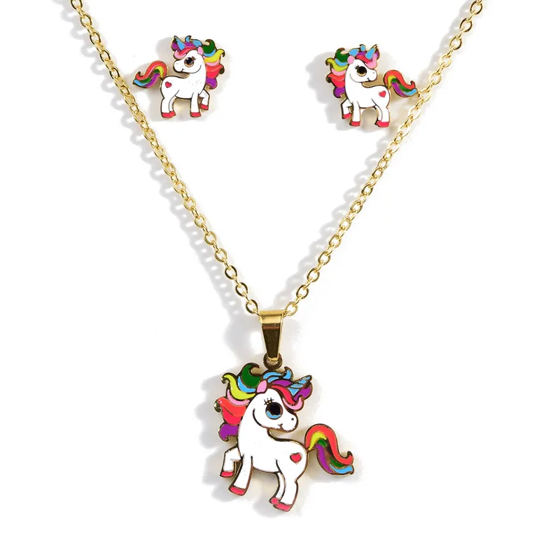 

Fashion Lucky Female Kids Gold Plated Colorful Unicorn Necklace and Earring Jewelry Stainless Steel Women Jewelry Set, Silver , gold plated, rose gold