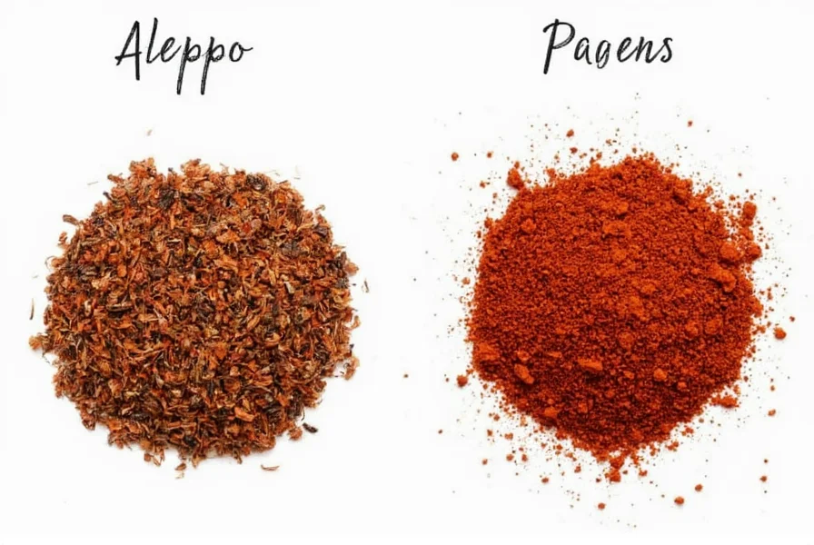 Comparison of authentic Aleppo pepper next to red pepper flakes showing texture and color differences