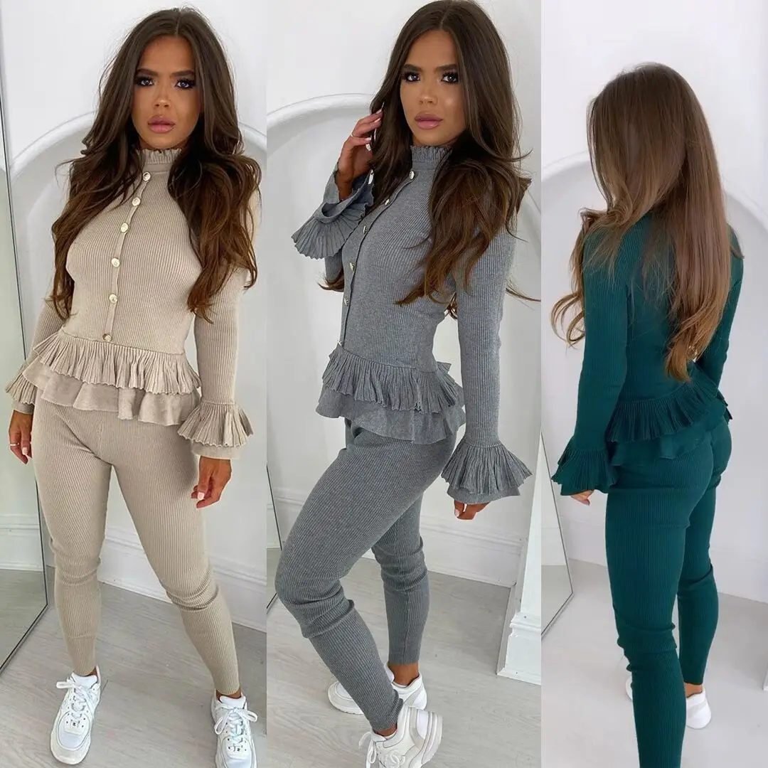 

2021 Fall Fashion Long Sleeve Women Jogger Set Solid Color Sexy Sweater 2 Piece Set Women Ruffled Two Piece Set Women Clothing, Beige, green, grey
