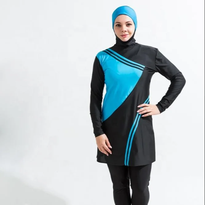 

MOTIVE FORCE Breathable Anti-UV Color Block Long Sleeve Top + Long Pants + Hijab Muslim Swimsuits With Buckles