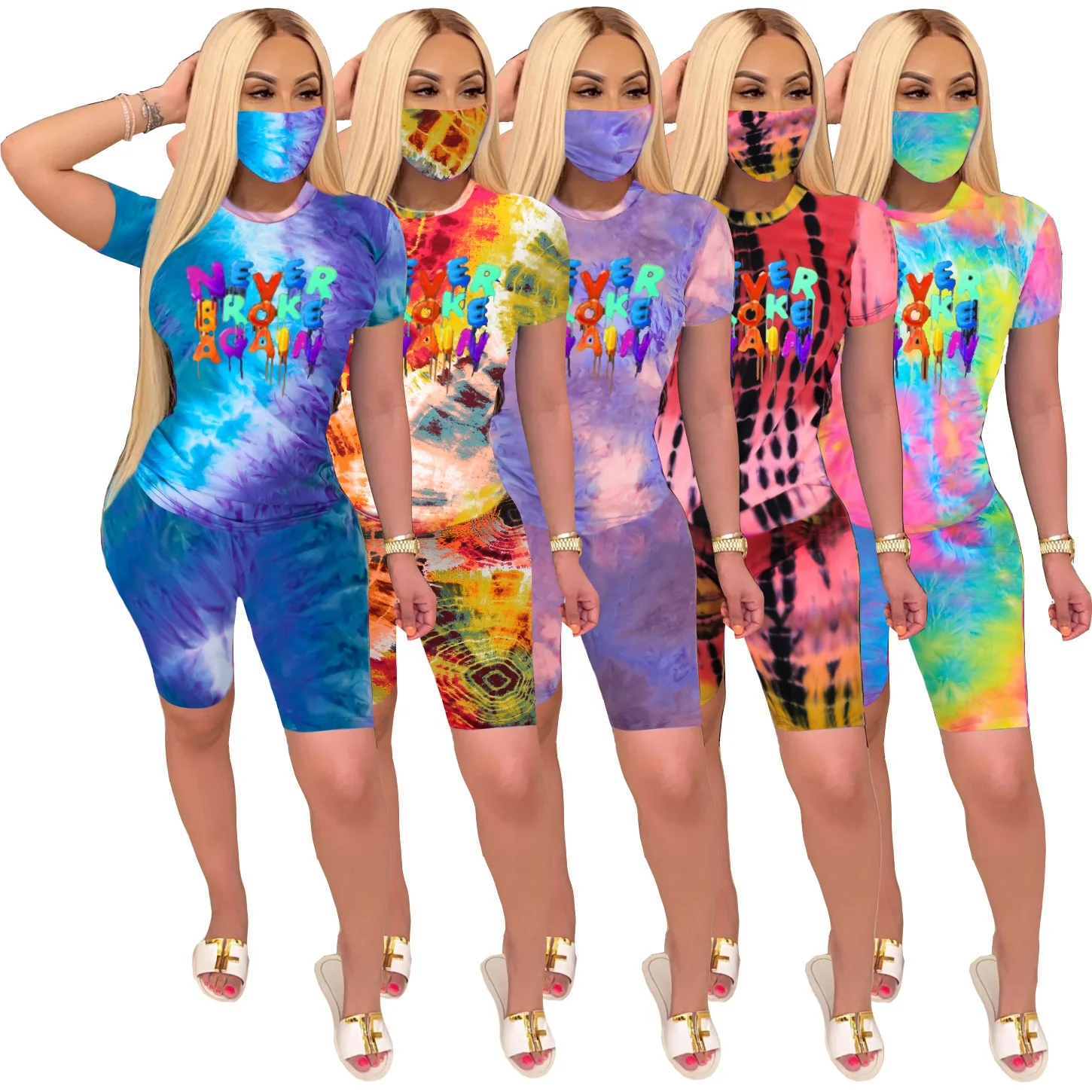 

MT102-2075 Fast Shipping Women Tie Dye Two Piece Set Short Sleeve T-shirt Bodycon Shorts Two Piece Outfits For Ladies