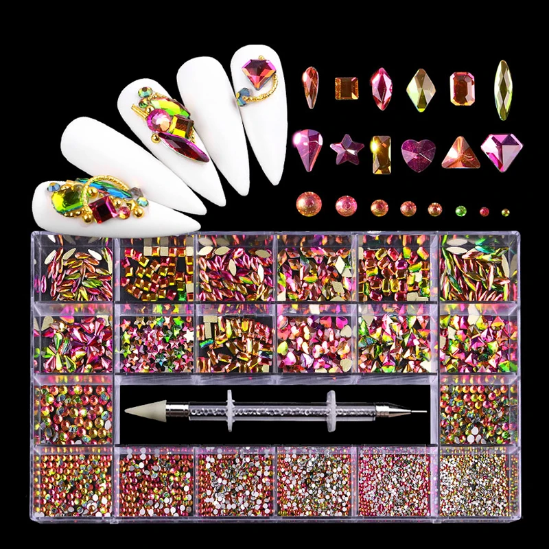 

Crystal Flame color Nail Art Mix Shape Fancy Shaped In Box Flat Bottom Glass nail rhinestone art decoration white rhinestones