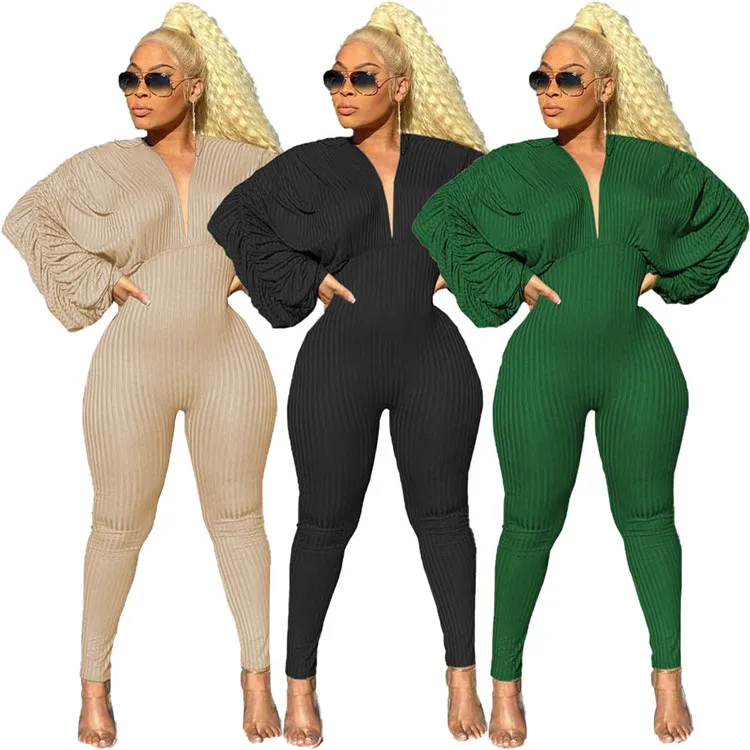 

2021 Fall Winter Bodycon One Piece Rompers Stacked Long Sleeve Ribbed Womens Bodysuits For Women Jumpsuit