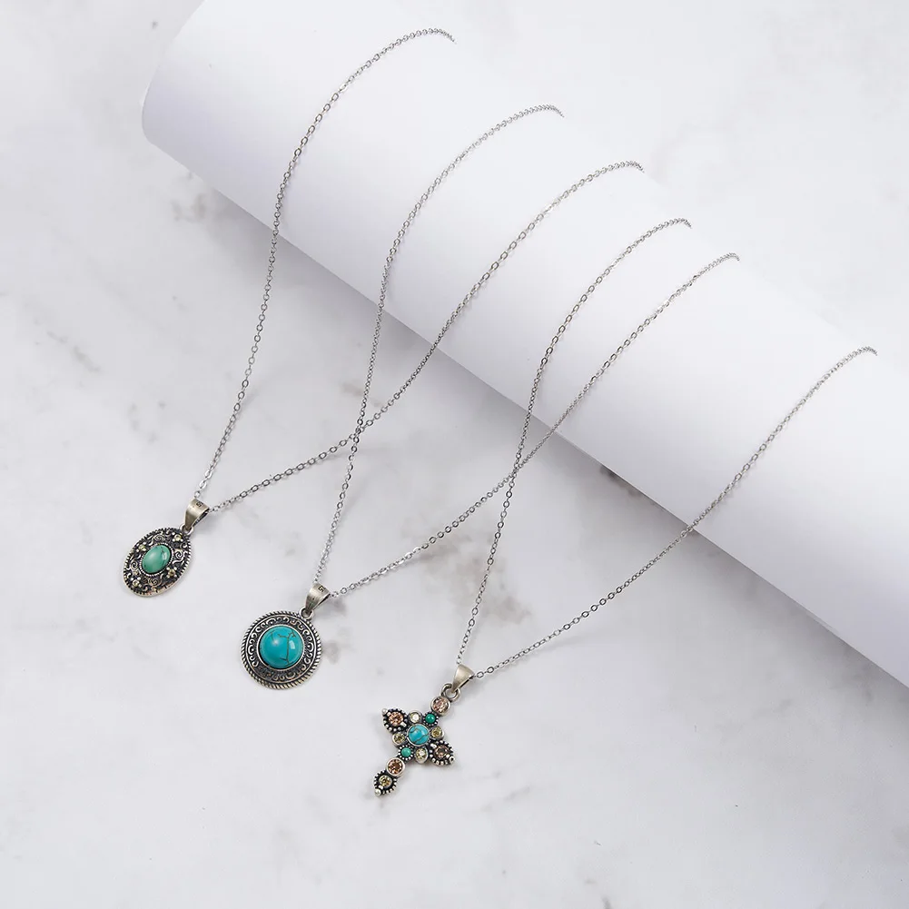 New Fashion Trendy Gold Plated Sterling Silver Necklace Natural Stone Turquoise Round Oval Cross Pendant Set Necklace for Women