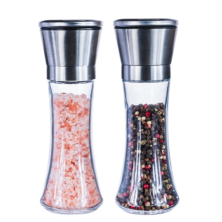 Made In China kitchen glass spice bottle jar stainless steel mill salt and pepper grinder set of 2, Transparent bottle