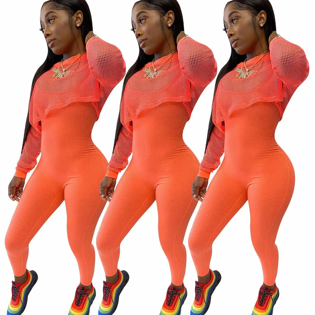 

2020 Wholesale Autumn Women Clothing Sexy Mesh Streentwear Sportswear 2 Piece Jumpsuits