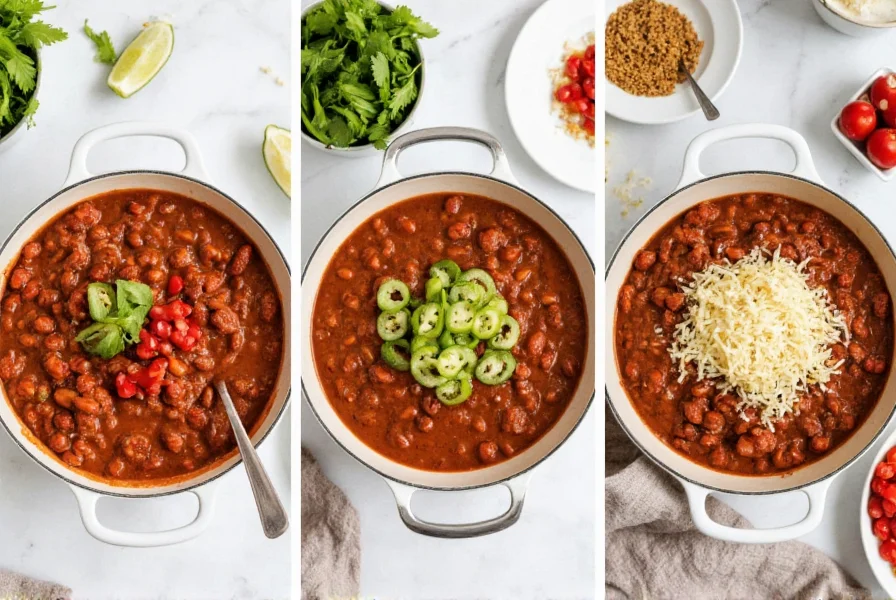 Three variations of homemade chili in bowls with different toppings and ingredients