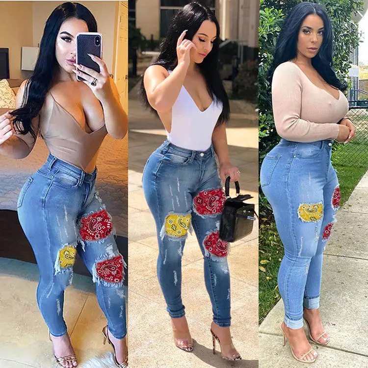 

Women new fashion hot sale contrast color chic streetwear jeans pencil pants for nightclub party fit, Light blue or customize