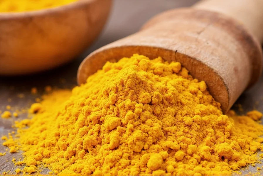 Close-up of high-quality powdered turmeric in glass jar with measuring spoon