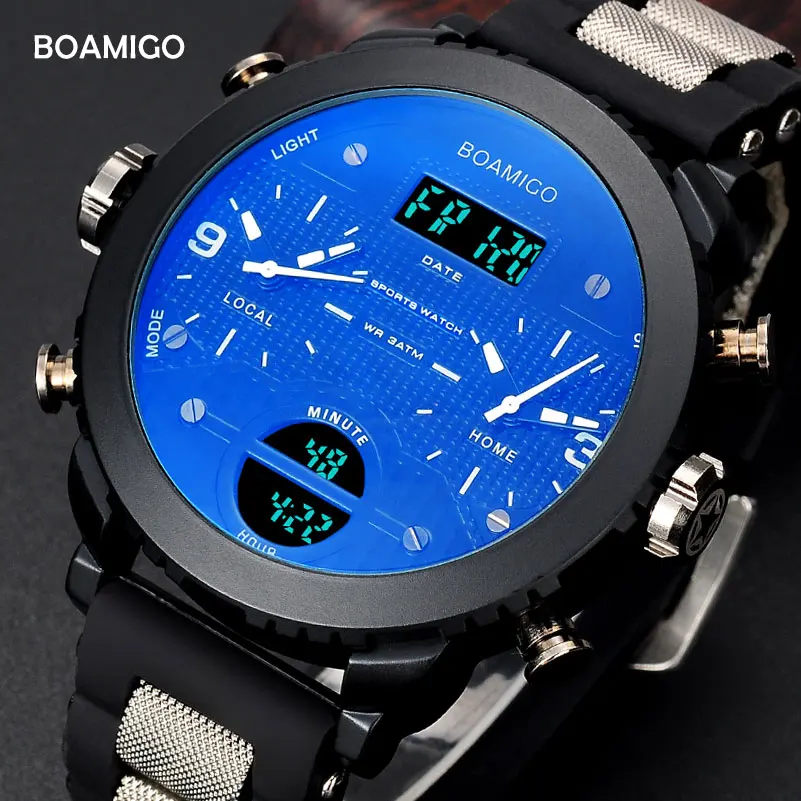 

Men Watches BOAMIGO Brand 3 Time Zone Military Sports Watches Male LED Digital Quartz Wrist Watch, White,black red,blue