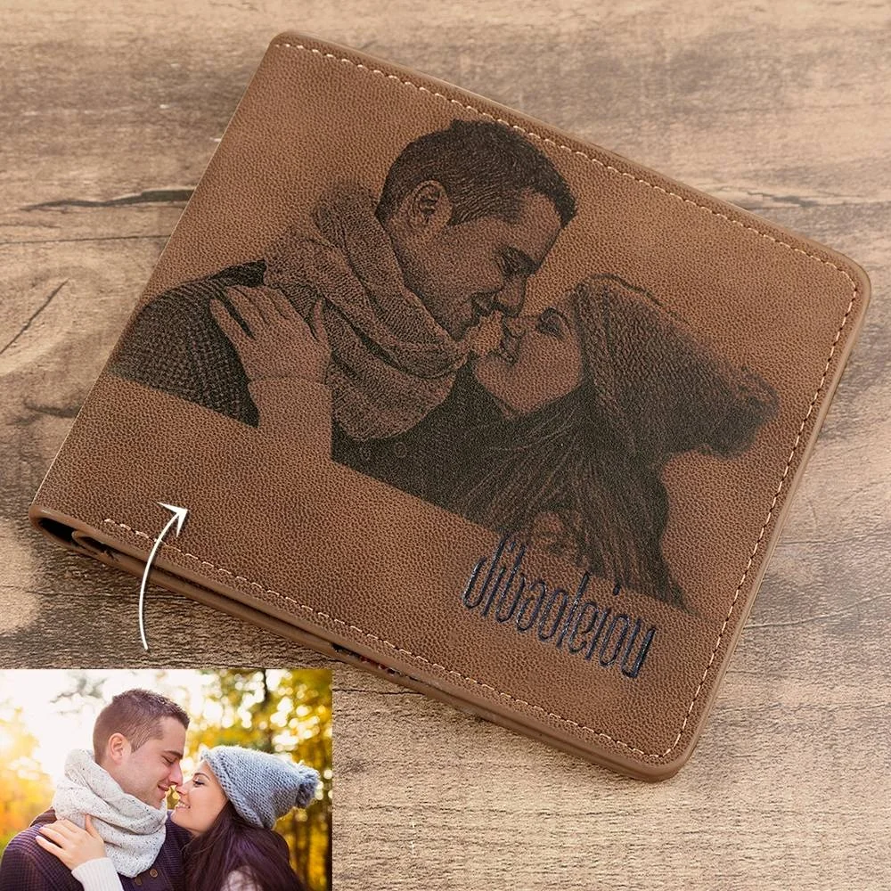 

Custom Printed Wallets Photo Engraved Short Leather Wallet Portefeuille Homme For Husband Dad Gifts, Brown