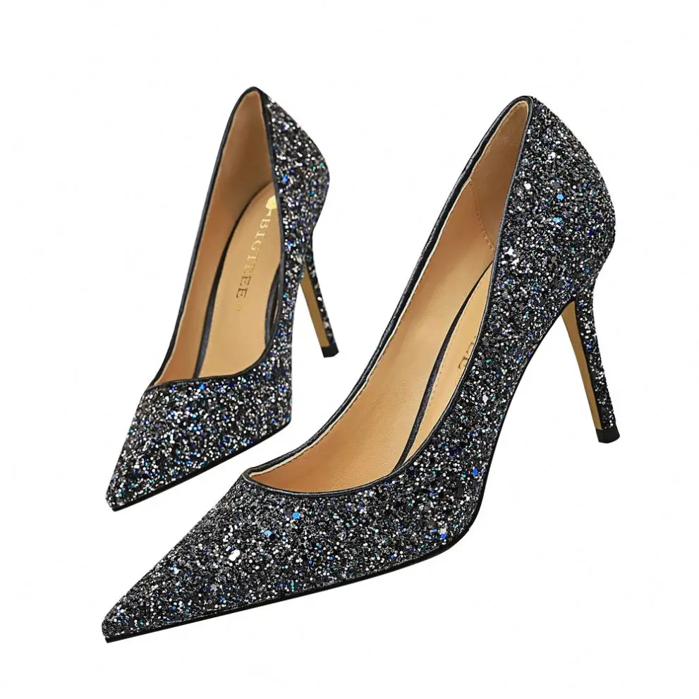 

H yeheler Zapatos de novia European Size 43 Chaussure Femme Stilettos Sparkles Pumps For Women Shoes 2020, White , black, blue, gold,silver,pink, champagne