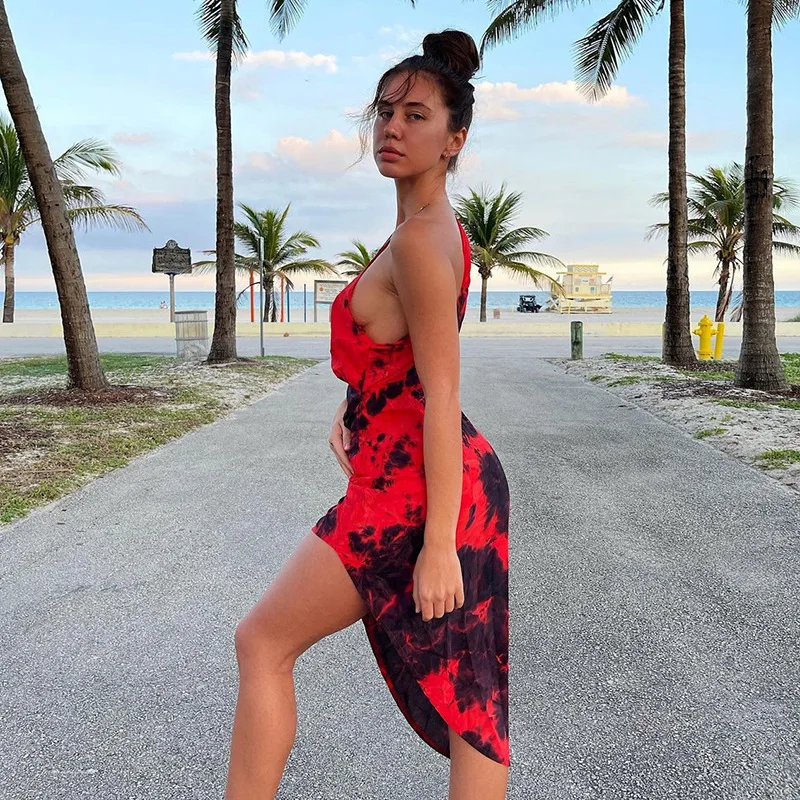 

2021 women's fashion dress one-shoulder sleeves show leg length printed slim fit hip dress women