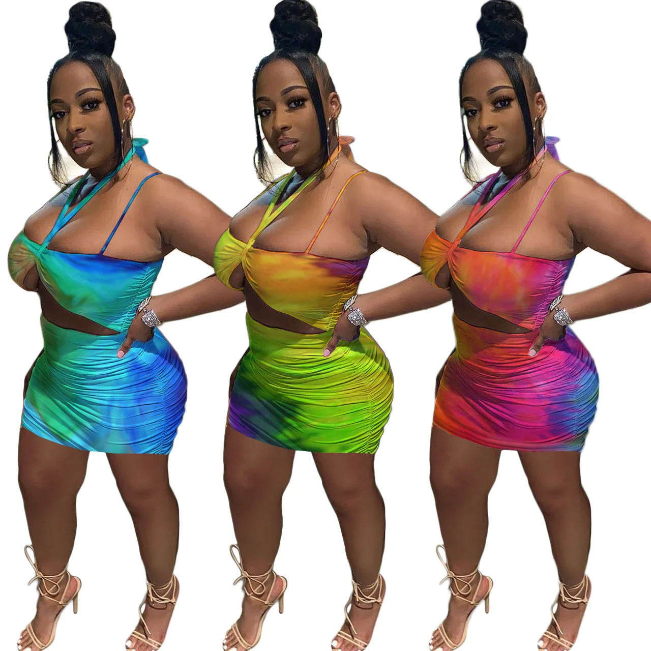 

Summer Sexy Fashion Printed Strapless Sleeveless Dress Women Bodycon Hollow Out Tie Dye Ruched Mini Dresses Women 2021, Picture