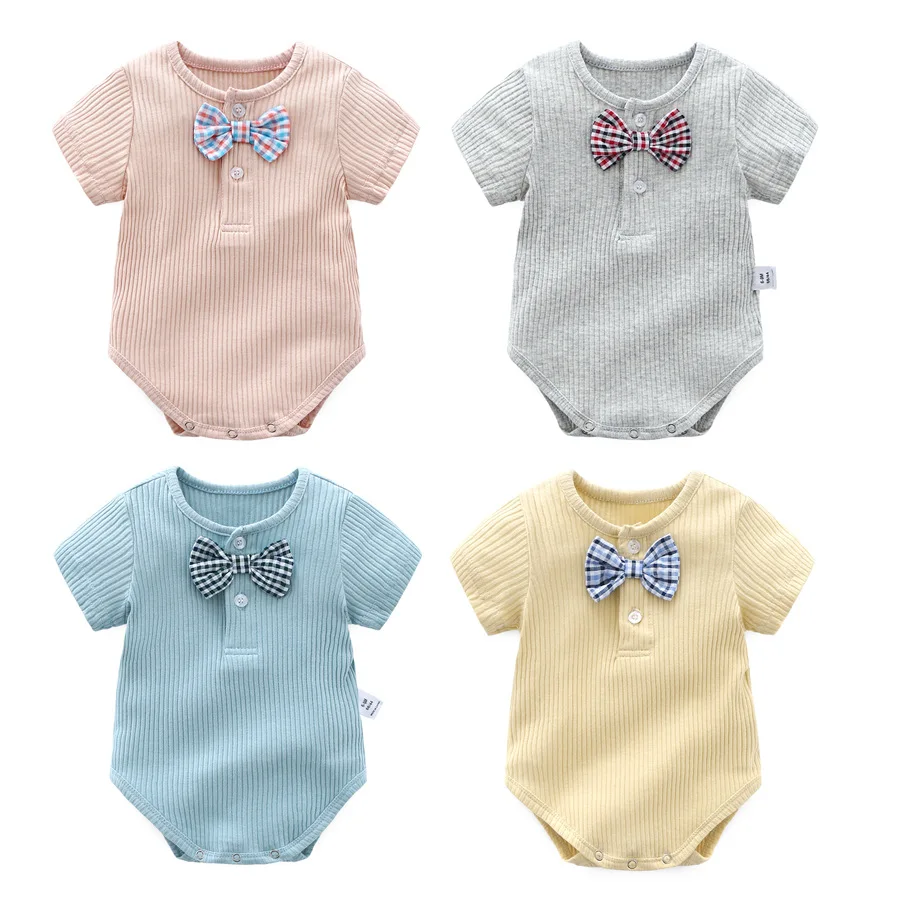 

New Born Baby Girls Boys Ribbed Clothing Summer Gentleman Bow Tie Rompers Cotton Jumpsuit infant Bodysuit Formal Outfits, More colors/customs color