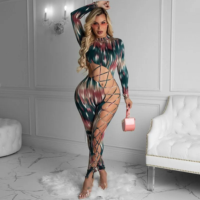

Tie Dye Print O Neck Long Sleeve Side Lace Up Jumpsuit Women 2020 Sexy Backless Button One Piece Streetwear Casual Clothing, Green