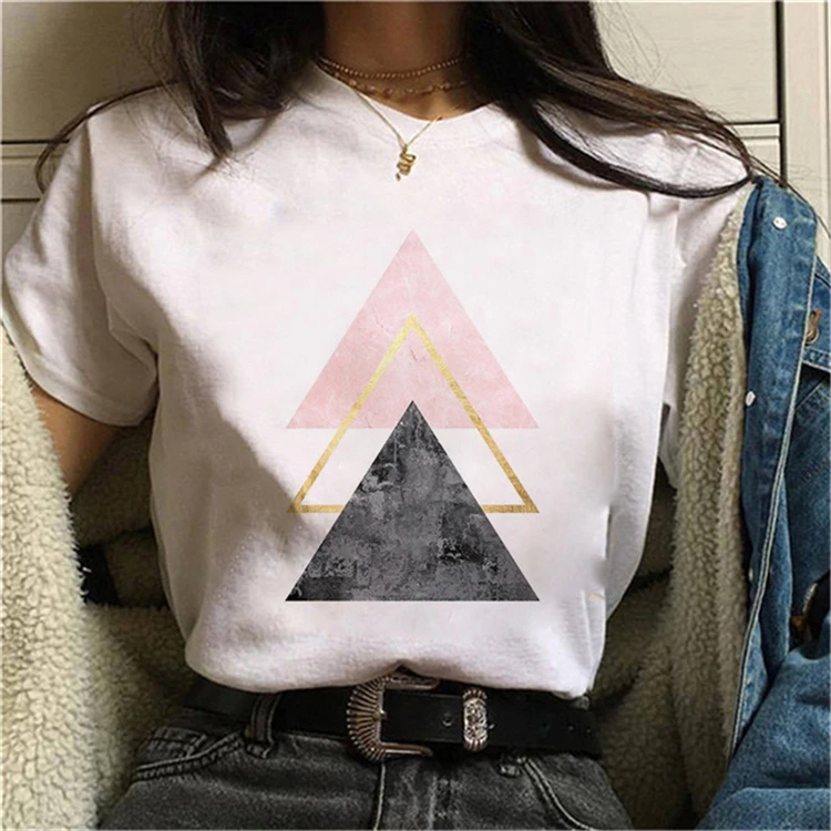 

new arrival white geometric pattern short sleeve o neck custom summer womens graphic t shirt