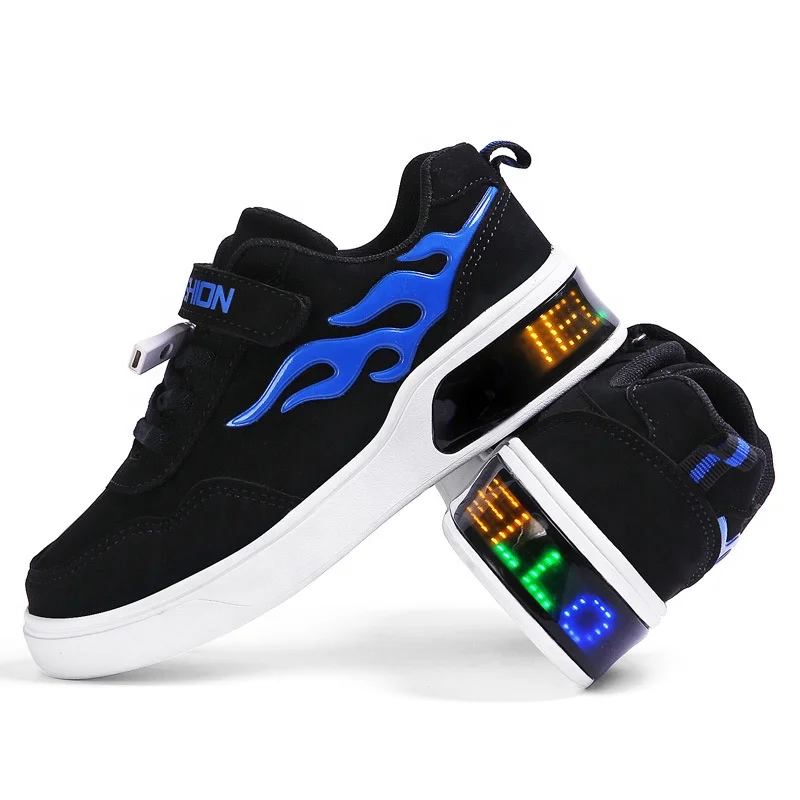 

Wholesale trendy high quality flame rechargeable USB light up kids Led shoes, Blue,red