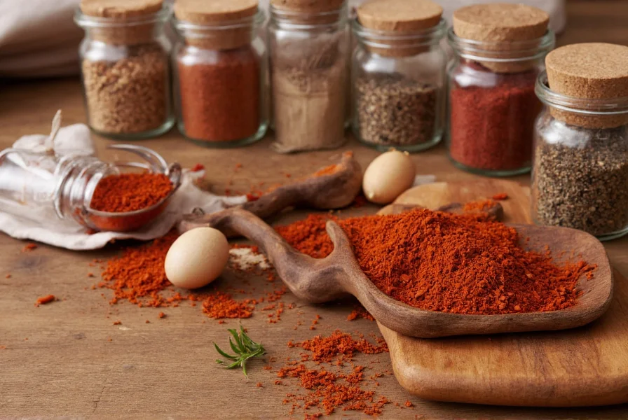 Various spice jars including cayenne pepper arranged on wooden table