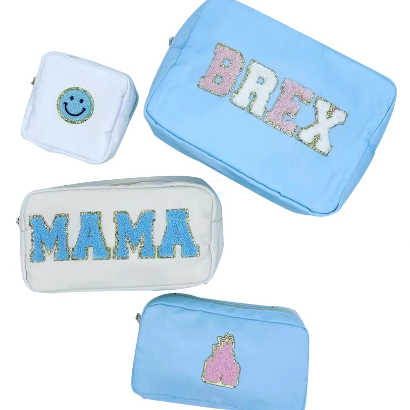 

Personalized Custom Makeup Bag with Chenille Varsity Letter Patches Waterproof Nylon Cosmetic Pouch