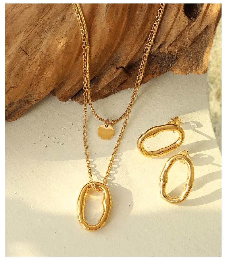 

Ins Irregular Geometric Oval Layer Chain 18K PVD Gold Plated Stainless Steel Necklace Earring Sets