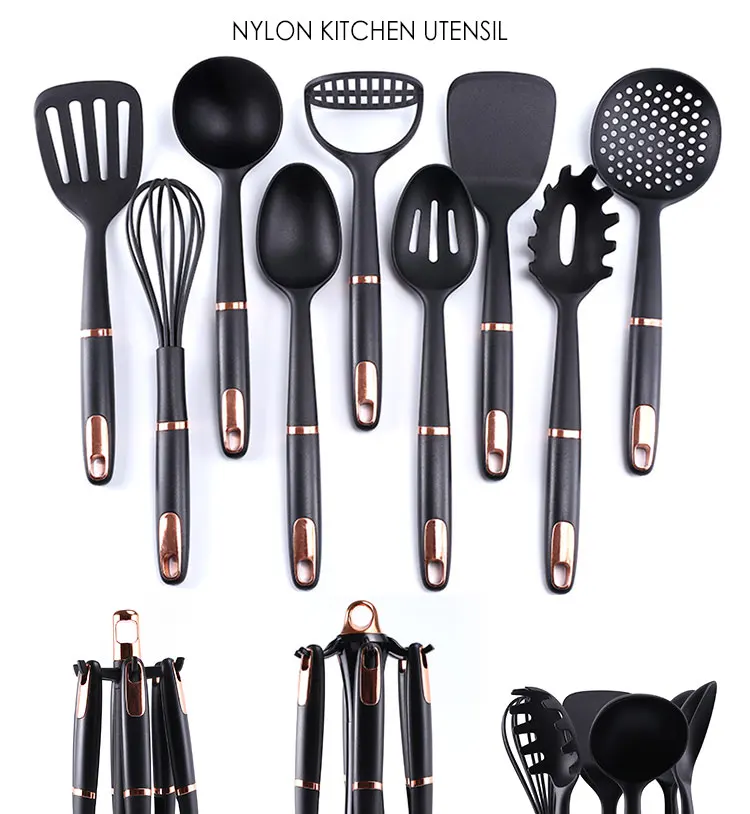 Amazon hot selling 9pcs black nylon kitchen cooking utensils for non stick cookware