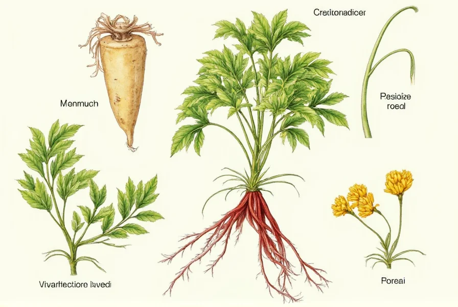 Botanical illustration showing Curcuma longa plant with rhizomes, leaves, and flowers labeled for scientific identification