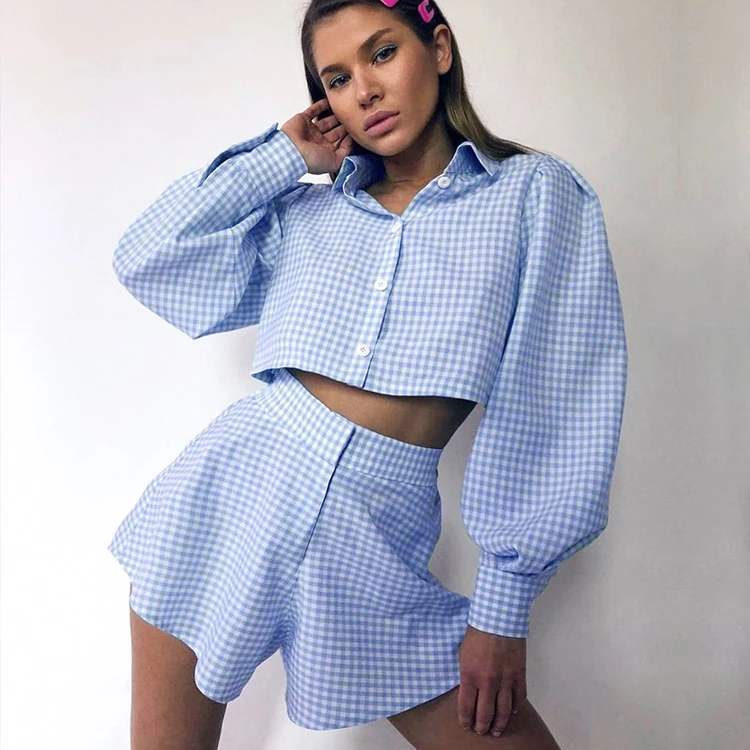 

Fast Delivery Lantern Sleeve Turn-Down Collar Plaid Women Crop Top Loose High Waisted Shorts Two Piece Shorts Set
