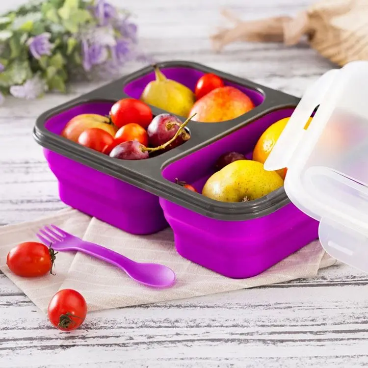 

2021Gepai collapsible single-layer silicone lunch box with plastic fork microwave oven foldable food lunch box, Red, pink, yellow, green, blue, orange, purple, etc.