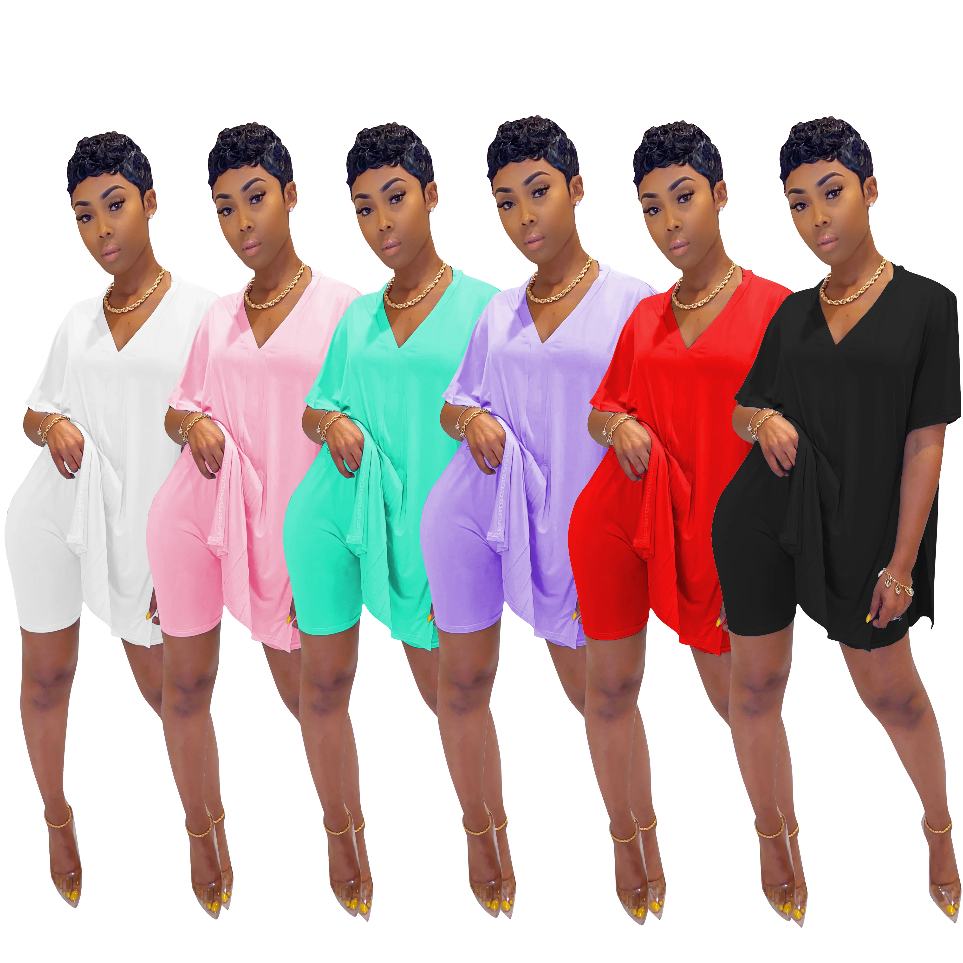 

Hot sale Women 2 Piece Set Clothing V Neck Batwing Blouse Top And Shorts Set