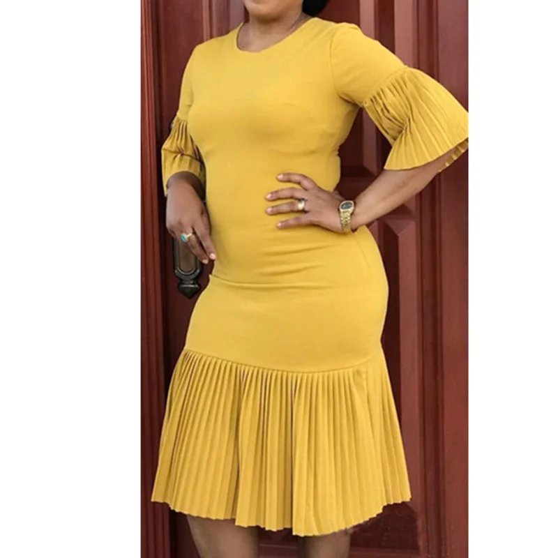 High Waist O-neck Flare Sleeves Big Size Red Pleated Lady Career Dress