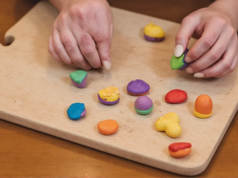 Hand shaping colorful clay magnets on wooden board