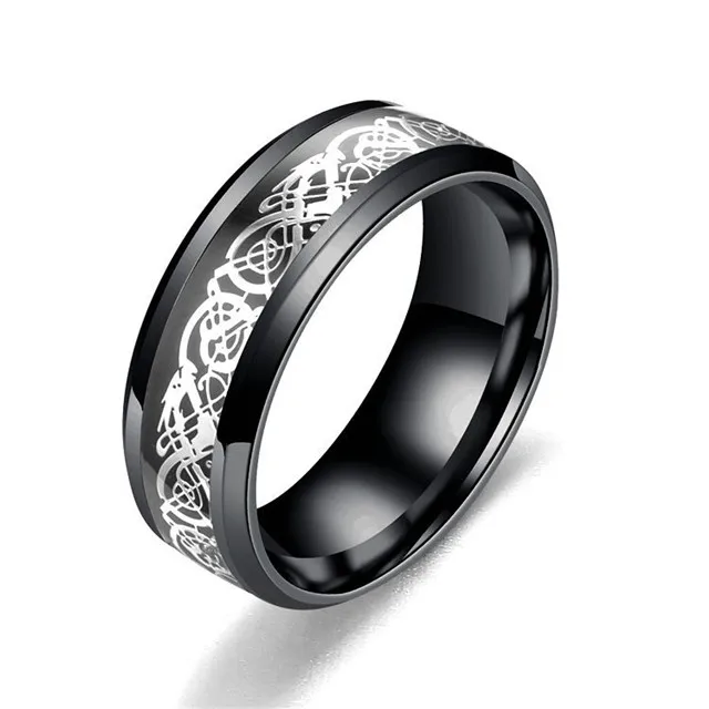 

European and American Popular Stainless Steel Dragon Pattern Couples Rings for Men, Silver,black