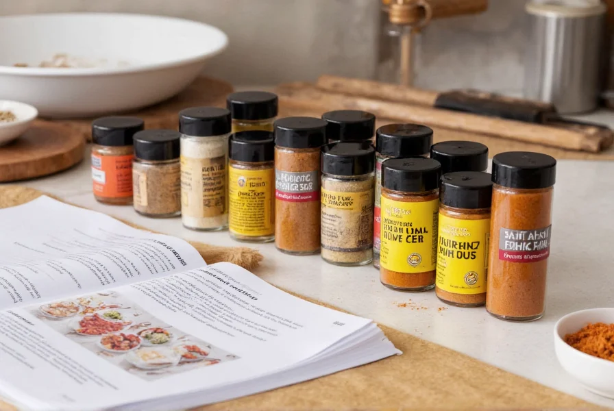 Various spice jars containing turmeric substitutes arranged on kitchen counter with recipe book