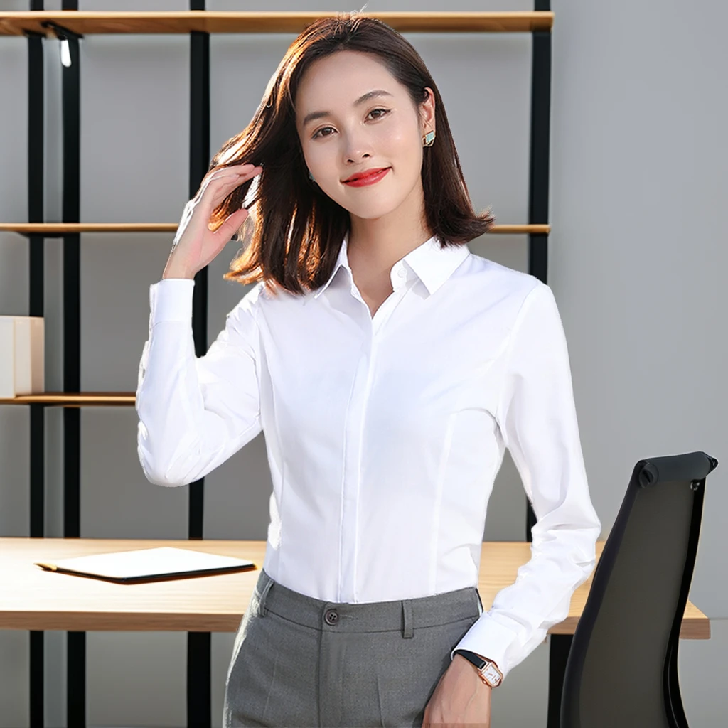 Women's Vintage Bamboo Fiber Business Shirts Formal Ladies' Elastic Long Office Lady Fashion Plain Dyed Knitted Custom Logo