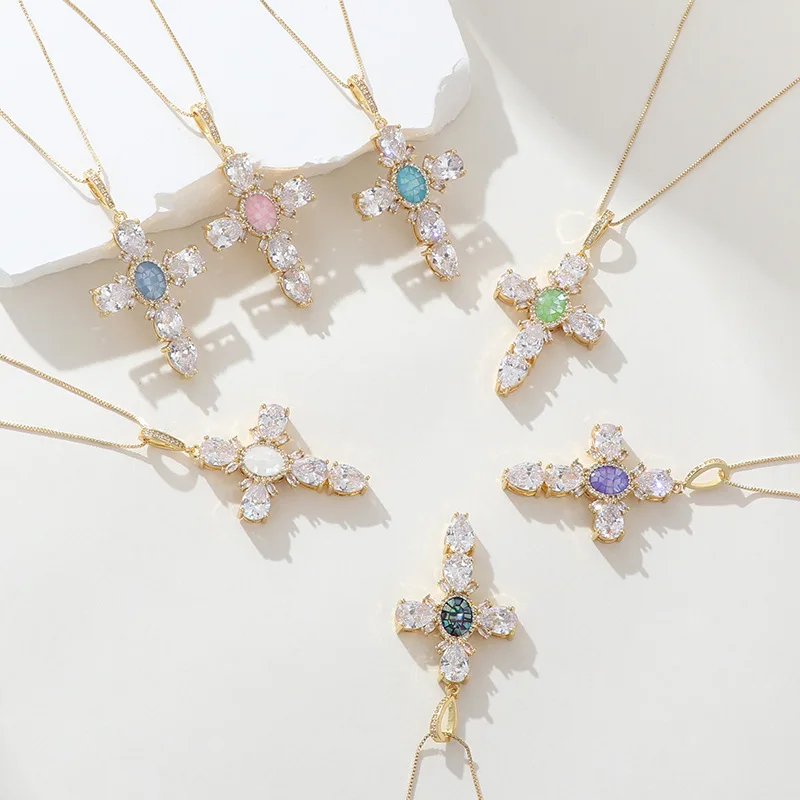 

2023 Cross Necklace Gold Plated Copper Colorful Zircon Pendant Necklace Dainty Gold Necklace For Woman